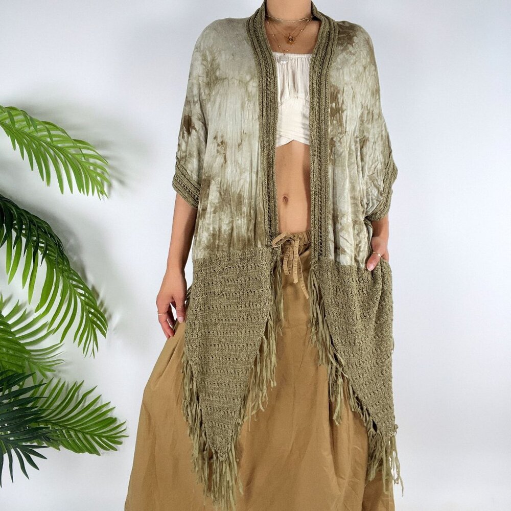 Vintage Green Tie Dye Fairy Bohemian Cottagecore Hippie Crochet Shawl Poncho / P